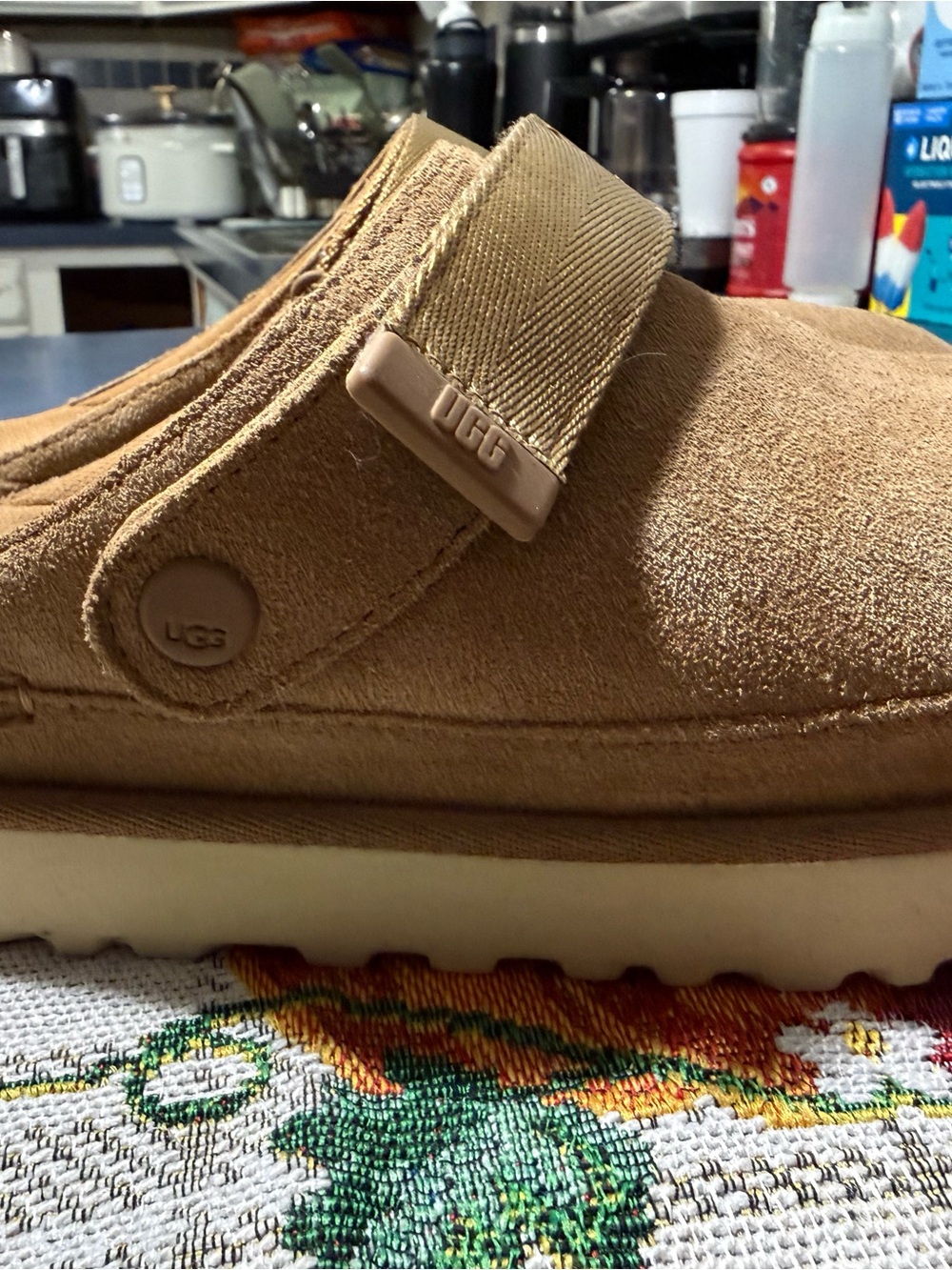 UGG women’s Suede Tan Slip-On Clog with Hook-and-Loop Stra - Picture 2 of 5